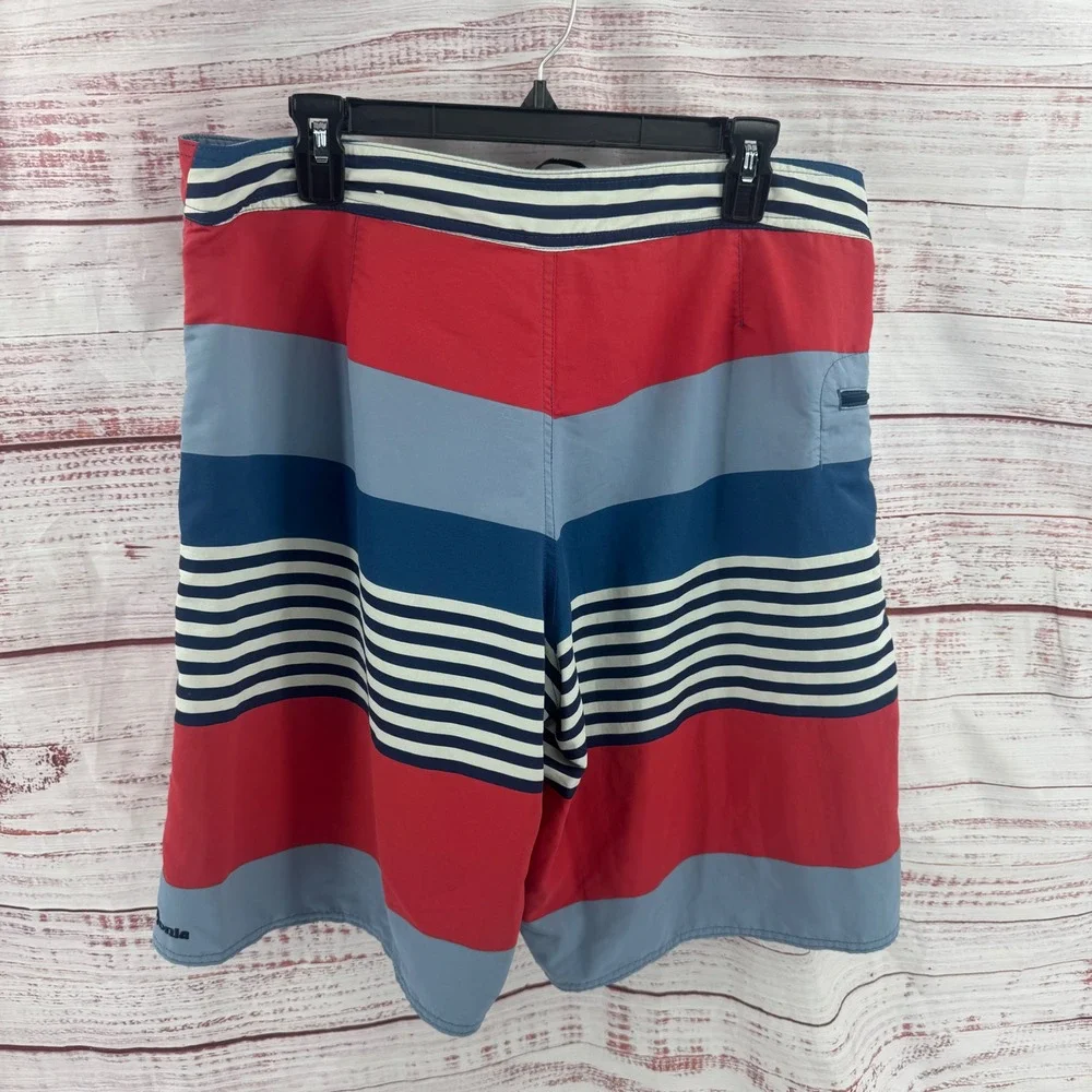 Patagonia Board Shorts Mens 36 Red Blue White Striped Swim Trunks Nylon